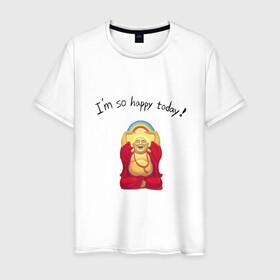 Мужская футболка хлопок с принтом Будда -Я так счастлив сегодня! , 100% хлопок | прямой крой, круглый вырез горловины, длина до линии бедер, слегка спущенное плечо. | buddha | happy | siddhartha gautama | будда | будда шакьямуни | буддизм | духовность | медитация | сиддхартха гаутама | смех | счастливый | счастье | улыбка | я так счастлив сегодня
