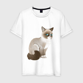 Мужская футболка хлопок с принтом Grumpy Cat , 100% хлопок | прямой крой, круглый вырез горловины, длина до линии бедер, слегка спущенное плечо. | grumpy cat | грустный кот | кот мем | мем | сердитая кошка