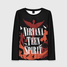 Женский лонгслив 3D с принтом NIRVANA TEEN SPIRIT , 100% полиэстер | длинные рукава, круглый вырез горловины, полуприлегающий силуэт | art | cobain | curt | girl | grunge | metal | music | nirvana | punk | rock | spiritm | usa | гранж | группа | кобэйн | курт | метал | музыка | нирвана | панк | рисунок | рок | сша