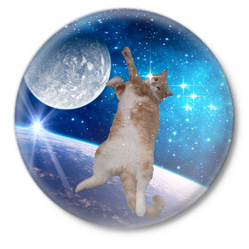 Значок с принтом Кисулькин в космосе ,  металл | круглая форма, металлическая застежка в виде булавки | Тематика изображения на принте: астроном пушистый | барсик | звезды | космос | котики | коты