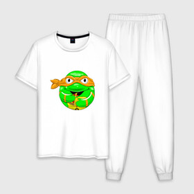 Мужская пижама хлопок с принтом Микеланджело с пиццей , 100% хлопок | брюки и футболка прямого кроя, без карманов, на брюках мягкая резинка на поясе и по низу штанин
 | donatello | leonardo | michelangelo | ninja | pizza | raphael | turtles | донателло | животные | карате | комикс | комиксы | леонардо | микеланджело | мультфильм | мутант | мутанты | ниндзя | пицца | рафаэль | сплинтер | супергерой