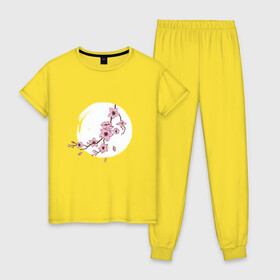 Женская пижама хлопок с принтом Ветка Сакуры в лунном свете , 100% хлопок | брюки и футболка прямого кроя, без карманов, на брюках мягкая резинка на поясе и по низу штанин | Тематика изображения на принте: cherry blossom | culture | enso | japan | monnlight | moon | moonshine | sakura | spring | акварель | весна | вишня | дерево | живопись | искусство | культура | луна | на фоне луны | рисунок | рисунок сакуры | сакура | слива | энсо | япония 