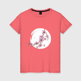 Женская футболка хлопок с принтом Ветка Сакуры в лунном свете , 100% хлопок | прямой крой, круглый вырез горловины, длина до линии бедер, слегка спущенное плечо | Тематика изображения на принте: cherry blossom | culture | enso | japan | monnlight | moon | moonshine | sakura | spring | акварель | весна | вишня | дерево | живопись | искусство | культура | луна | на фоне луны | рисунок | рисунок сакуры | сакура | слива | энсо | япония 