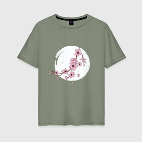 Женская футболка хлопок Oversize с принтом Ветка Сакуры в лунном свете , 100% хлопок | свободный крой, круглый ворот, спущенный рукав, длина до линии бедер
 | Тематика изображения на принте: cherry blossom | culture | enso | japan | monnlight | moon | moonshine | sakura | spring | акварель | весна | вишня | дерево | живопись | искусство | культура | луна | на фоне луны | рисунок | рисунок сакуры | сакура | слива | энсо | япония 