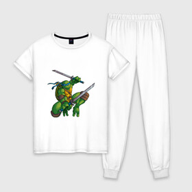 Женская пижама хлопок с принтом Леонардо , 100% хлопок | брюки и футболка прямого кроя, без карманов, на брюках мягкая резинка на поясе и по низу штанин | donatello | leonardo | michelangelo | ninja | pizza | raphael | turtles | донателло | животные | карате | комикс | комиксы | леонардо | микеланджело | мультфильм | мутант | мутанты | ниндзя | пицца | рафаэль | сплинтер | супергерой