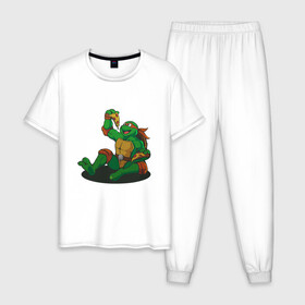 Мужская пижама хлопок с принтом Pizza - Ninja Turtles , 100% хлопок | брюки и футболка прямого кроя, без карманов, на брюках мягкая резинка на поясе и по низу штанин
 | donatello | leonardo | michelangelo | ninja | pizza | raphael | turtles | донателло | животные | карате | комикс | комиксы | леонардо | микеланджело | мультфильм | мутант | мутанты | ниндзя | пицца | рафаэль | сплинтер | супергерой