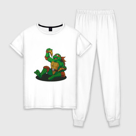 Женская пижама хлопок с принтом Pizza - Ninja Turtles , 100% хлопок | брюки и футболка прямого кроя, без карманов, на брюках мягкая резинка на поясе и по низу штанин | donatello | leonardo | michelangelo | ninja | pizza | raphael | turtles | донателло | животные | карате | комикс | комиксы | леонардо | микеланджело | мультфильм | мутант | мутанты | ниндзя | пицца | рафаэль | сплинтер | супергерой