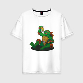 Женская футболка хлопок Oversize с принтом Pizza - Ninja Turtles , 100% хлопок | свободный крой, круглый ворот, спущенный рукав, длина до линии бедер
 | donatello | leonardo | michelangelo | ninja | pizza | raphael | turtles | донателло | животные | карате | комикс | комиксы | леонардо | микеланджело | мультфильм | мутант | мутанты | ниндзя | пицца | рафаэль | сплинтер | супергерой