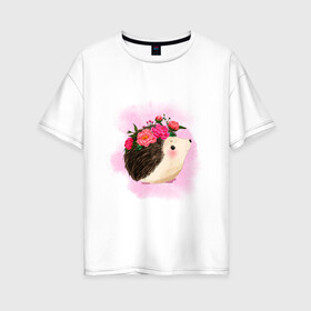 Женская футболка хлопок Oversize с принтом Ежик , 100% хлопок | свободный крой, круглый ворот, спущенный рукав, длина до линии бедер
 | венок | еж | иголки | колючий | цветы
