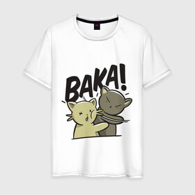 Мужская футболка хлопок с принтом Baka! , 100% хлопок | прямой крой, круглый вырез горловины, длина до линии бедер, слегка спущенное плечо. | animals | cat | drawing | punch | slap | животные | кот | кошка | пощечина | рисунок | удар