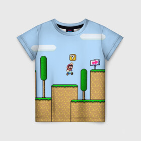 Детская футболка 3D с принтом Mario , 100% гипоаллергенный полиэфир | прямой крой, круглый вырез горловины, длина до линии бедер, чуть спущенное плечо, ткань немного тянется | nes | аркада | денди | игра | марио | монетки | монстры | облака | супер марио | трубы