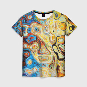 Женская футболка 3D с принтом Цветные абстрактные пятна , 100% полиэфир ( синтетическое хлопкоподобное полотно) | прямой крой, круглый вырез горловины, длина до линии бедер | colors | желтый | красный | оранжевый | синий | узоры | цвета | цветное