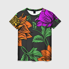 Женская футболка 3D с принтом Тропические цветы , 100% полиэфир ( синтетическое хлопкоподобное полотно) | прямой крой, круглый вырез горловины, длина до линии бедер | flower | nature | лето | листья | оранжевый | природа | узор | цветок | цветы