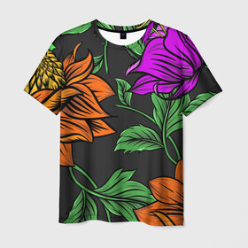 Мужская футболка 3D с принтом Тропические цветы , 100% полиэфир | прямой крой, круглый вырез горловины, длина до линии бедер | flower | nature | лето | листья | оранжевый | природа | узор | цветок | цветы