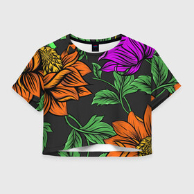 Женская футболка Crop-top 3D с принтом Тропические цветы , 100% полиэстер | круглая горловина, длина футболки до линии талии, рукава с отворотами | flower | nature | лето | листья | оранжевый | природа | узор | цветок | цветы