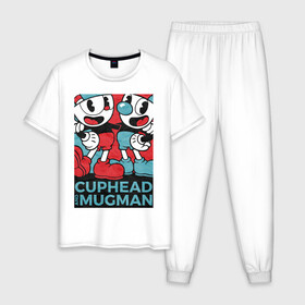 Мужская пижама хлопок с принтом Cuphead and Mugman , 100% хлопок | брюки и футболка прямого кроя, без карманов, на брюках мягкая резинка на поясе и по низу штанин
 | cuphead | game | mugman | арт | голова | игра | капхед | постер | чашка