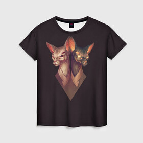 Женская футболка 3D с принтом Mystical Sphinxes  , 100% полиэфир ( синтетическое хлопкоподобное полотно) | прямой крой, круглый вырез горловины, длина до линии бедер | египет | коты | мистика | сфинксы | фараоны
