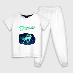 Детская пижама хлопок с принтом Dream , 100% хлопок |  брюки и футболка прямого кроя, без карманов, на брюках мягкая резинка на поясе и по низу штанин
 | грива | звезды | лошадь | мечта | небо | пони | сказка | сон