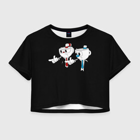 Женская футболка Crop-top 3D с принтом CUPHEAD PULP FICTION , 100% полиэстер | круглая горловина, длина футболки до линии талии, рукава с отворотами | art | cartoon | cup | cuphead | devil | dice | fiction | game | king | mugman | pulp | the | арт | бос | босс | голова | демон | дьявол | игра | капхед | криминальное | магмен | мультик | мультфильм | платформер | чаша | чашка | человек | черт 