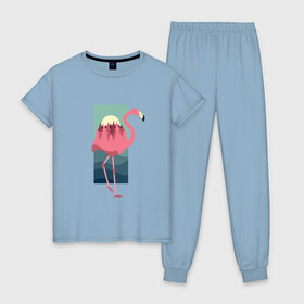 Женская пижама хлопок с принтом Фламинго лес и закат , 100% хлопок | брюки и футболка прямого кроя, без карманов, на брюках мягкая резинка на поясе и по низу штанин | africa | afrika | bird | double exposure | fashion | flamingo | forest | landscape | pink flamingo | summer | sunset | африка | двойная экспозиция | лес | лето | мода | нарисованный фламинго | пейзаж | птица | рисунок | розовый фламинго | тре