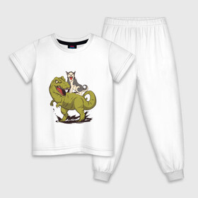Детская пижама хлопок с принтом Хаски верхом на Динозавре , 100% хлопок |  брюки и футболка прямого кроя, без карманов, на брюках мягкая резинка на поясе и по низу штанин
 | Тематика изображения на принте: dinosaur | dog | funny | husky | oil | rex | t rex | большой динозавр | в луже | динозавры приколы | лужа | маламут | нефть | огромный динозавр | порода | прикол | рекс | сибирский хаски | смешной хаски | собака