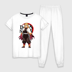 Женская пижама хлопок с принтом РЕНГОКУ / RENGOKU / KNY , 100% хлопок | брюки и футболка прямого кроя, без карманов, на брюках мягкая резинка на поясе и по низу штанин | demon slayer | giuy tomioka | kimetsu no yaiba | kny | nezuko | shinobu | slayer | tanjiro | yoriichi tsugikuni | zenitsu | гию томиока | зенитсу | зенитцу | иноске хашибира | клинок рассекающий демонов | незуко | танджиро | шинобу 