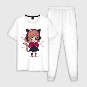 Мужская пижама хлопок с принтом Little kawaii anime girl , 100% хлопок | брюки и футболка прямого кроя, без карманов, на брюках мягкая резинка на поясе и по низу штанин
 | Тематика изображения на принте: anime | cute | girl | аниме | арт | девочка | девушка | манга | рисунок | уши