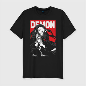 Мужская футболка хлопок Slim с принтом DEMON Kimetsu no Yaiba , 92% хлопок, 8% лайкра | приталенный силуэт, круглый вырез ворота, длина до линии бедра, короткий рукав | Тематика изображения на принте: demon slayer | kamado | kimetsu no yaiba | nezuko | tanjiro | аниме | гию томиока | зеницу агацума | иноске хашибира | камадо | клинок | корзинная девочка | манга | музан кибуцуджи | незуко | рассекающий демонов | танджиро