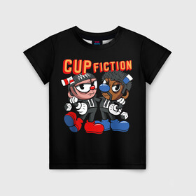 Детская футболка 3D с принтом CUP FICTION , 100% гипоаллергенный полиэфир | прямой крой, круглый вырез горловины, длина до линии бедер, чуть спущенное плечо, ткань немного тянется | Тематика изображения на принте: art | cartoon | cup | cuphead | devil | dice | fiction | game | king | mugman | pulp | the | арт | бос | босс | голова | демон | дьявол | игра | капхед | криминальное | магмен | мультик | мультфильм | платформер | чаша | чашка | человек | черт 