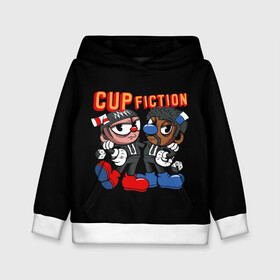 Детская толстовка 3D с принтом CUP FICTION , 100% полиэстер | двухслойный капюшон со шнурком для регулировки, мягкие манжеты на рукавах и по низу толстовки, спереди карман-кенгуру с мягким внутренним слоем | Тематика изображения на принте: art | cartoon | cup | cuphead | devil | dice | fiction | game | king | mugman | pulp | the | арт | бос | босс | голова | демон | дьявол | игра | капхед | криминальное | магмен | мультик | мультфильм | платформер | чаша | чашка | человек | черт 