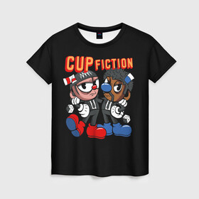 Женская футболка 3D с принтом CUP FICTION , 100% полиэфир ( синтетическое хлопкоподобное полотно) | прямой крой, круглый вырез горловины, длина до линии бедер | art | cartoon | cup | cuphead | devil | dice | fiction | game | king | mugman | pulp | the | арт | бос | босс | голова | демон | дьявол | игра | капхед | криминальное | магмен | мультик | мультфильм | платформер | чаша | чашка | человек | черт 