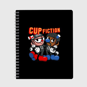 Тетрадь с принтом CUP FICTION , 100% бумага | 48 листов, плотность листов — 60 г/м2, плотность картонной обложки — 250 г/м2. Листы скреплены сбоку удобной пружинной спиралью. Уголки страниц и обложки скругленные. Цвет линий — светло-серый
 | art | cartoon | cup | cuphead | devil | dice | fiction | game | king | mugman | pulp | the | арт | бос | босс | голова | демон | дьявол | игра | капхед | криминальное | магмен | мультик | мультфильм | платформер | чаша | чашка | человек | черт 