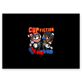 Поздравительная открытка с принтом CUP FICTION , 100% бумага | плотность бумаги 280 г/м2, матовая, на обратной стороне линовка и место для марки
 | Тематика изображения на принте: art | cartoon | cup | cuphead | devil | dice | fiction | game | king | mugman | pulp | the | арт | бос | босс | голова | демон | дьявол | игра | капхед | криминальное | магмен | мультик | мультфильм | платформер | чаша | чашка | человек | черт 