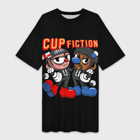 Платье-футболка 3D с принтом CUP FICTION ,  |  | art | cartoon | cup | cuphead | devil | dice | fiction | game | king | mugman | pulp | the | арт | бос | босс | голова | демон | дьявол | игра | капхед | криминальное | магмен | мультик | мультфильм | платформер | чаша | чашка | человек | черт 