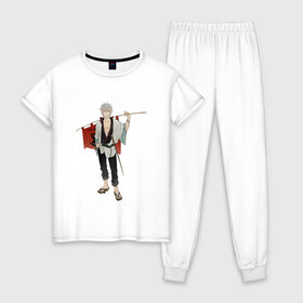 Женская пижама хлопок с принтом Gintama Gintoki   , 100% хлопок | брюки и футболка прямого кроя, без карманов, на брюках мягкая резинка на поясе и по низу штанин | anime | ginatama | gintoki | manga | аниме | гинтама | гинтоки | друзья | манга
