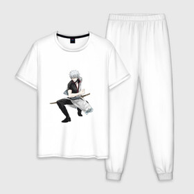 Мужская пижама хлопок с принтом Гинтоки Саката , 100% хлопок | брюки и футболка прямого кроя, без карманов, на брюках мягкая резинка на поясе и по низу штанин
 | anime | ginatama | gintoki | manga | аниме | гинтама | гинтоки | друзья | манга