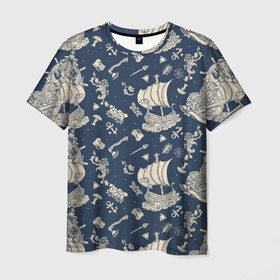 Мужская футболка 3D с принтом Морской мир , 100% полиэфир | прямой крой, круглый вырез горловины, длина до линии бедер | викинги | девушка | девушка викинг | корабли | море | океан | паттерн | пираты | стрелы | топор | хипстер | якорь