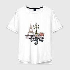 Мужская футболка хлопок Oversize с принтом Бонжур , 100% хлопок | свободный крой, круглый ворот, “спинка” длиннее передней части | Тематика изображения на принте: париж | франция | цветы | эйфелева башня