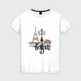 Женская футболка хлопок с принтом Бонжур , 100% хлопок | прямой крой, круглый вырез горловины, длина до линии бедер, слегка спущенное плечо | париж | франция | цветы | эйфелева башня