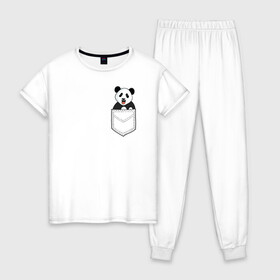 Женская пижама хлопок с принтом Довольная Панда в Кармане , 100% хлопок | брюки и футболка прямого кроя, без карманов, на брюках мягкая резинка на поясе и по низу штанин | animals | beats | head | panda | pocket | в кармане | голова | животные | звери | лапки | любовь | панда | улыбка
