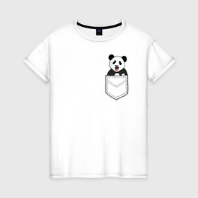 Женская футболка хлопок с принтом Довольная Панда в Кармане , 100% хлопок | прямой крой, круглый вырез горловины, длина до линии бедер, слегка спущенное плечо | animals | beats | head | panda | pocket | в кармане | голова | животные | звери | лапки | любовь | панда | улыбка
