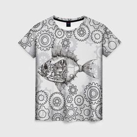 Женская футболка 3D с принтом Рыбка , 100% полиэфир ( синтетическое хлопкоподобное полотно) | прямой крой, круглый вырез горловины, длина до линии бедер | steampunk | арт | графика | обои | плакат | постер | стимпанк