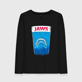 Женский лонгслив хлопок с принтом Jaws Челюсти - Прикол , 100% хлопок |  | art | film | horror | killer | merch | movie | parody | shark | teeth | white | акула | арт | белая акула | вставная челюсть | зубы | иллюстрация | кино | мерч | пародия | пародия на постер | пенсия | спилберг | стакан | фильм 