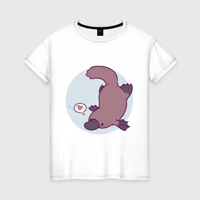 Женская футболка хлопок с принтом Утконос , 100% хлопок | прямой крой, круглый вырез горловины, длина до линии бедер, слегка спущенное плечо | animals | животное | зверь | пузырьки | сердечко | утконос