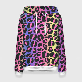 Женская толстовка 3D с принтом Neon Leopard Pattern , 100% полиэстер  | двухслойный капюшон со шнурком для регулировки, мягкие манжеты на рукавах и по низу толстовки, спереди карман-кенгуру с мягким внутренним слоем. | africa | afrika | gradient | summer | tropical | африка | африканский узор | градиент | леопард | леопардовый узор | лето | неон | неоновое свечение | паттерт | пятна | разные цвета | саванна | тропики | тропический узор