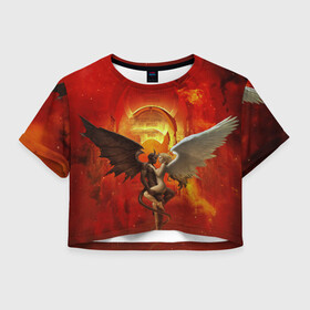 Женская футболка Crop-top 3D с принтом Ангел и демон , 100% полиэстер | круглая горловина, длина футболки до линии талии, рукава с отворотами | ангел | демон | любовь | огонь | пламя | страсть