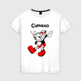 Женская футболка хлопок с принтом Cuphead Капхед , 100% хлопок | прямой крой, круглый вырез горловины, длина до линии бедер, слегка спущенное плечо | cup head | cuphead | run and gun | детям | капхед | капхэд | логотипы игр | персонажи игр | чашка