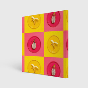 Холст квадратный с принтом фрукты шахматы , 100% ПВХ |  | 3d | банан | вкусняшки | еда | желтый | клетка | розовый | фрукты