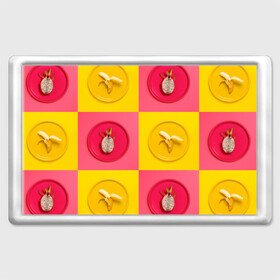 Магнит 45*70 с принтом фрукты шахматы , Пластик | Размер: 78*52 мм; Размер печати: 70*45 | 3d | банан | вкусняшки | еда | желтый | клетка | розовый | фрукты