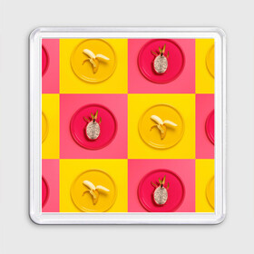 Магнит 55*55 с принтом фрукты шахматы , Пластик | Размер: 65*65 мм; Размер печати: 55*55 мм | 3d | банан | вкусняшки | еда | желтый | клетка | розовый | фрукты